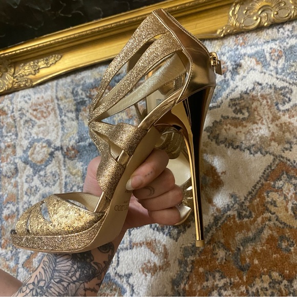 Authentic Jimmy Choo gold glitter zip up metallic sequin stiletto heels size 40 - Picture 3 of 10
